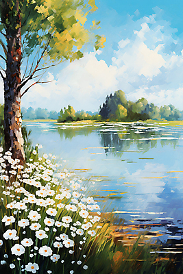 JPG 나무 꽃 호수 백그라운드 일러스트 자연 하늘 풍경 사람없음 분위기 질감 유화 국내일러스트 AI일러스트 AI콘텐츠 식물 컨셉 미술 생태계 파일형식