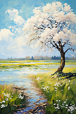 JPG 나무 꽃 호수 백그라운드 일러스트 자연 하늘 풍경 사람없음 분위기 질감 유화 국내일러스트 AI일러스트 AI콘텐츠 식물 컨셉 미술 생태계 파일형식