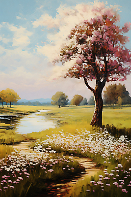 JPG 나무 꽃 호수 백그라운드 일러스트 자연 하늘 풍경 사람없음 분위기 질감 유화 국내일러스트 AI일러스트 AI콘텐츠 식물 컨셉 미술 생태계 파일형식