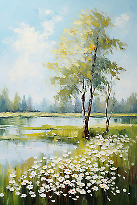 JPG 나무 꽃 호수 백그라운드 일러스트 자연 하늘 풍경 사람없음 분위기 질감 유화 국내일러스트 AI일러스트 AI콘텐츠 식물 컨셉 미술 생태계 파일형식