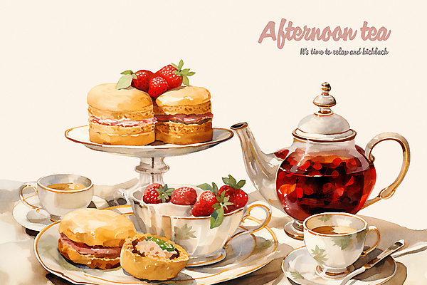 PSD 음식 일러스트 딸기 티타임 디저트 수채화 사람없음 차 찻잔 티스푼 찻주전자 컵받침 다과 마카롱 티세트 국내일러스트 음료 과일 주전자 휴식 잔 차_음료 세트 숟가락 받침대 파일형식