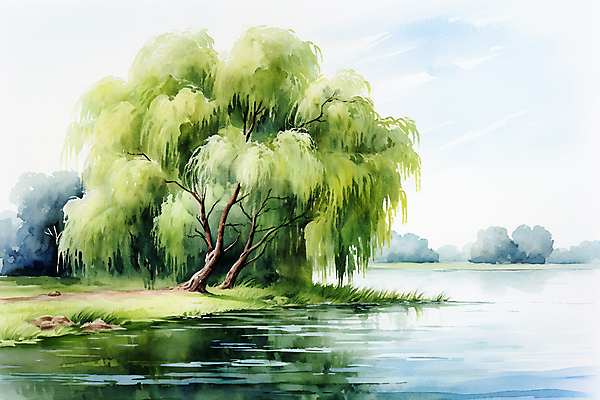 JPG 나무 식물 일러스트 하늘 수채화 풍경 사람없음 초록색 여름 반사 연못 버드나무 국내일러스트 AI일러스트 AI콘텐츠 계절 컬러 파일형식