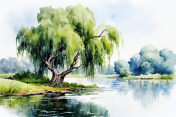 JPG 나무 식물 일러스트 하늘 수채화 풍경 사람없음 초록색 여름 반사 연못 버드나무 번짐 국내일러스트 AI일러스트 AI콘텐츠 계절 컬러 파일형식 효과