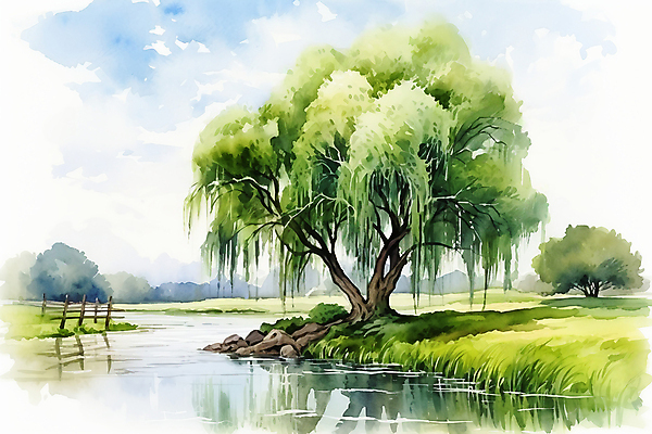 JPG 나무 식물 구름 일러스트 하늘 수채화 풍경 사람없음 초록색 여름 반사 연못 버드나무 국내일러스트 AI일러스트 AI콘텐츠 자연요소 계절 컬러 파일형식