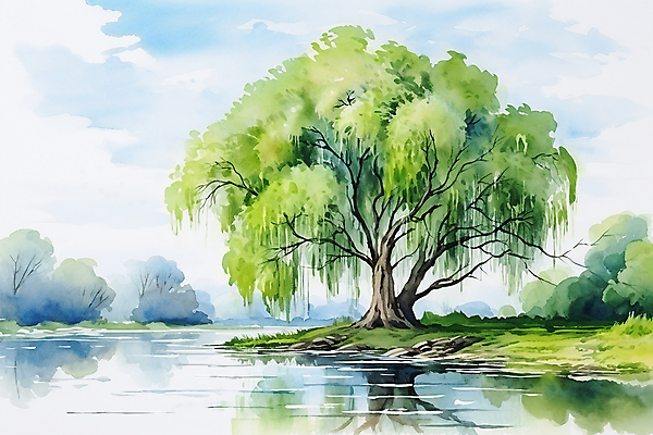 JPG 나무 식물 구름 일러스트 하늘 수채화 풍경 사람없음 초록색 여름 반사 연못 버드나무 국내일러스트 AI일러스트 AI콘텐츠 자연요소 계절 컬러 파일형식