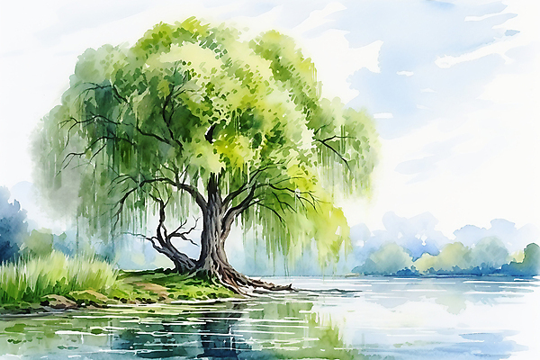 JPG 나무 식물 구름 일러스트 하늘 수채화 풍경 사람없음 초록색 여름 반사 연못 버드나무 국내일러스트 AI일러스트 AI콘텐츠 자연요소 계절 컬러 파일형식