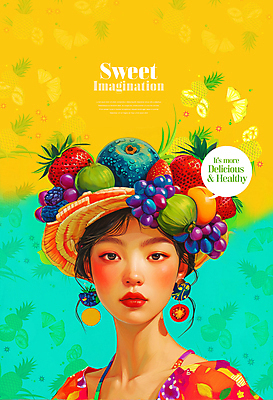 PSD 모자 응시 여자 잎 일러스트 상상 딸기 포도 한명 상반신 성인 컬러풀 귀걸이 달콤 파인애플 열대과일 성인여자한명만 트로피컬아트 국내일러스트 식물 1 시선 잡화 컬러 과일 장신구 사람 맛 그림 여자한명만 성인여자만 파일형식