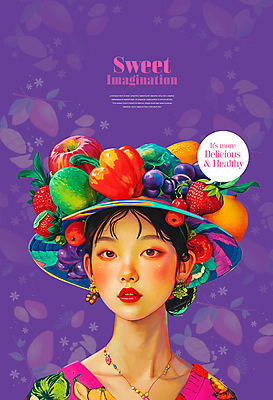 PSD 모자 응시 여자 일러스트 목걸이 상상 파프리카 한명 상반신 성인 컬러풀 귀걸이 달콤 사과 망고 성인여자한명만 트로피컬아트 국내일러스트 1 시선 잡화 컬러 채소 과일 장신구 사람 맛 열대과일 그림 여자한명만 성인여자만 파일형식