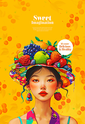 PSD 모자 응시 여자 일러스트 상상 딸기 포도 한명 상반신 성인 컬러풀 귀걸이 달콤 열대과일 성인여자한명만 트로피컬아트 주황색배경 국내일러스트 1 시선 잡화 컬러 백그라운드 과일 장신구 사람 주황색 맛 그림 여자한명만 성인여자만 파일형식