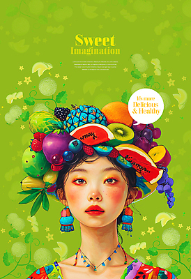 PSD 모자 응시 여자 잎 일러스트 목걸이 상상 수박 키위 한명 상반신 성인 연두색 컬러풀 귀걸이 달콤 열대과일 두리안 성인여자한명만 트로피컬아트 국내일러스트 식물 1 시선 잡화 컬러 과일 장신구 사람 초록색 맛 그림 여자한명만 성인여자만 파일형식