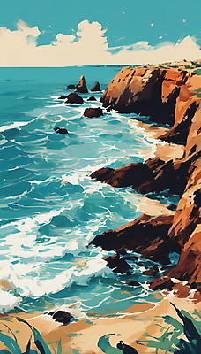 JPG 구름 파도 바다 일러스트 자연 하늘 풍경 해변 사람없음 여름 맑음 절벽 바위 휴양지 국내일러스트 AI일러스트 AI콘텐츠 자연요소 계절 날씨 장소 돌_바위 생태계 파일형식