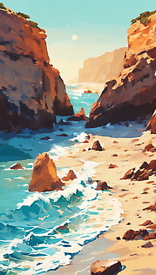 JPG 파도 바다 일러스트 자연 하늘 풍경 해변 사람없음 여름 모래사장 맑음 절벽 바위 휴양지 국내일러스트 AI일러스트 AI콘텐츠 계절 날씨 장소 돌_바위 생태계 파일형식