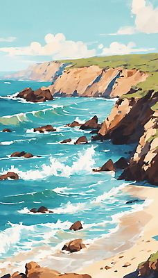 JPG 구름 파도 바다 일러스트 자연 하늘 풍경 해변 사람없음 여름 맑음 절벽 바위 휴양지 국내일러스트 AI일러스트 AI콘텐츠 자연요소 계절 날씨 장소 돌_바위 생태계 파일형식