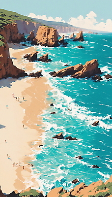 JPG 구름 파도 바다 일러스트 자연 하늘 풍경 해변 여름 모래사장 야자수 맑음 바위 군중 휴양지 국내일러스트 AI일러스트 AI콘텐츠 자연요소 나무 계절 날씨 사람 장소 돌_바위 생태계 파일형식