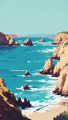 JPG 바다 일러스트 자연 하늘 풍경 해변 사람없음 여름 맑음 절벽 바위 휴양지 국내일러스트 AI일러스트 AI콘텐츠 계절 날씨 장소 돌_바위 생태계 파일형식