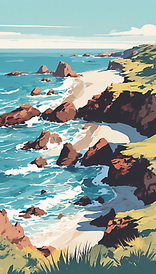 JPG 구름 파도 바다 일러스트 자연 하늘 그림자 풍경 해변 사람없음 여름 모래사장 맑음 절벽 바위 휴양지 국내일러스트 AI일러스트 AI콘텐츠 자연요소 계절 날씨 장소 돌_바위 생태계 파일형식