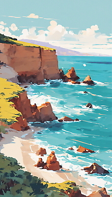 JPG 구름 파도 바다 일러스트 하늘 풍경 해변 사람없음 여름 맑음 절벽 바위 휴양지 국내일러스트 AI일러스트 AI콘텐츠 자연요소 계절 날씨 장소 돌_바위 파일형식