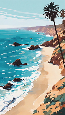 JPG 구름 파도 바다 일러스트 하늘 풍경 해변 사람없음 여름 모래사장 야자수 맑음 바위 휴양지 해안절벽 국내일러스트 AI일러스트 AI콘텐츠 자연요소 나무 계절 날씨 절벽 장소 돌_바위 파일형식