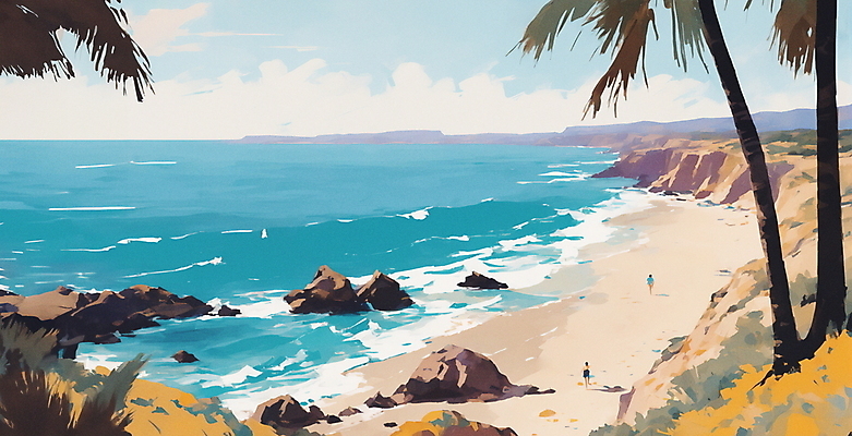 JPG 구름 여유 파도 바다 일러스트 하늘 휴식 사람 풍경 해변 두명 여름 모래사장 야자수 맑음 바위 휴양지 국내일러스트 AI일러스트 AI콘텐츠 자연요소 나무 계절 감정 컨셉 날씨 장소 돌_바위 파일형식