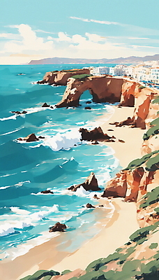 JPG 구름 파도 바다 일러스트 하늘 휴가 풍경 해변 사람없음 건물 여름 관광지 마을 맑음 절벽 바위 도시 휴양지 해안도시 국내일러스트 AI일러스트 AI콘텐츠 자연요소 건축물 계절 여행 날씨 장소 돌_바위 파일형식