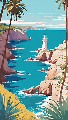 JPG 구름 물결 바다 일러스트 하늘 등대 풍경 해변 사람없음 여름 야자수 맑음 절벽 바위 휴양지 국내일러스트 AI일러스트 AI콘텐츠 자연요소 나무 계절 날씨 장소 돌_바위 파일형식