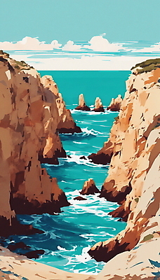 JPG 구름 물결 바다 일러스트 자연 하늘 풍경 해변 사람없음 여름 맑음 절벽 바위 휴양지 국내일러스트 AI일러스트 AI콘텐츠 자연요소 계절 날씨 장소 돌_바위 생태계 파일형식