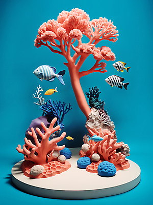 JPG 편집이미지 바다 어류 사람없음 바닷속 수중 산호 산호초 디지털합성 점토 편집소스 편집실사 AI컴퓨터그래픽 AI콘텐츠 수중동물 수중식물 자포동물 CG 파일형식