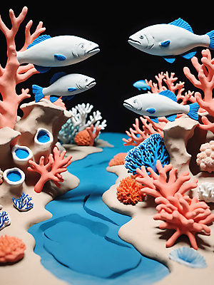 JPG 편집이미지 바다 어류 사람없음 바닷속 수중 산호 산호초 소프트포커스 디지털합성 점토 편집소스 편집실사 AI컴퓨터그래픽 AI콘텐츠 촬영기법 수중동물 수중식물 자포동물 CG 파일형식