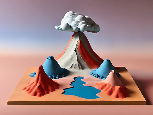 JPG 편집이미지 호수 사람없음 모형 미니어처 연기 디지털합성 화산 분출 점토 편집소스 편집실사 AI컴퓨터그래픽 AI콘텐츠 산 CG 파일형식