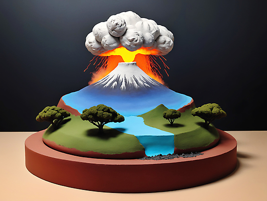 JPG 나무 편집이미지 사람없음 강 모형 미니어처 연기 디지털합성 화산 분출 점토 용암 편집소스 편집실사 AI컴퓨터그래픽 AI콘텐츠 식물 산 CG 파일형식