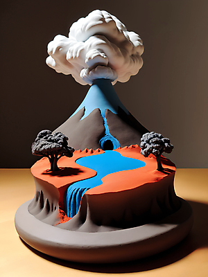 JPG 편집이미지 사람없음 강 모형 미니어처 연기 디지털합성 화산 분출 점토 편집소스 편집실사 AI컴퓨터그래픽 AI콘텐츠 산 CG 파일형식