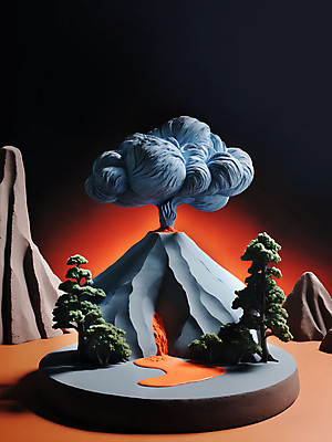 JPG 나무 편집이미지 사람없음 모형 미니어처 연기 디지털합성 화산 분출 점토 용암 편집소스 편집실사 AI컴퓨터그래픽 AI콘텐츠 식물 산 CG 파일형식