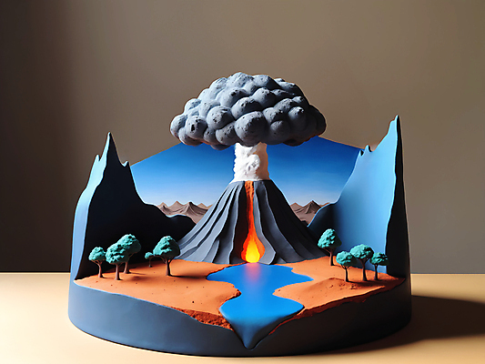 JPG 나무 편집이미지 하늘 그림자 사람없음 강 반사 모형 미니어처 연기 디지털합성 화산 분출 점토 용암 편집소스 편집실사 AI컴퓨터그래픽 AI콘텐츠 식물 산 CG 파일형식