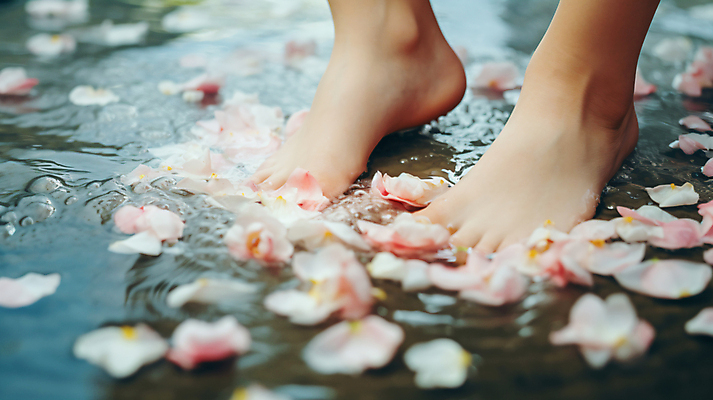 JPG 편집이미지 꽃 발 휴식 신체부위 물 반사 스파 마사지 디지털합성 족욕 잔물결 편집실사 AI인물포토 AI콘텐츠 자연요소 식물 물결 컨셉 사람 CG 파일형식 AI포토