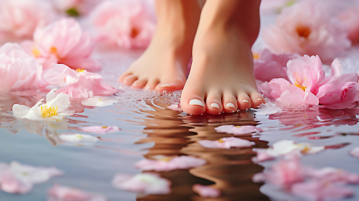 JPG 편집이미지 꽃 발 휴식 신체부위 물 반사 스파 마사지 디지털합성 족욕 잔물결 페디큐어 편집실사 AI인물포토 AI콘텐츠 자연요소 식물 물결 컨셉 사람 뷰티 CG 파일형식 AI포토