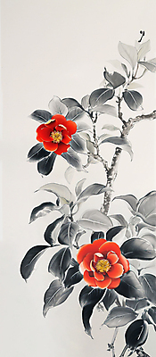 PSD 전통 꽃 백그라운드 잎 일러스트 붓터치 수묵화 사람없음 빨간색 나뭇가지 동양화 동백 동백나무 국내일러스트 나무 식물 컬러 미술 파일형식