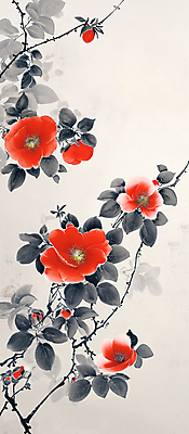 PSD 전통 꽃 백그라운드 잎 일러스트 붓터치 수묵화 사람없음 빨간색 나뭇가지 동양화 동백 동백나무 국내일러스트 나무 식물 컬러 미술 파일형식