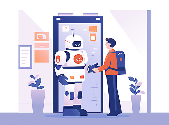 전신 라이프스타일 남자 행복 화분 과학 일러스트 배낭 미래 기술 실내 정보기술 한명 성인 친구 마주보기 모니터 보라색 과학기술 로봇 공학 마중 성인남자한명만 AI_인공지능 국내일러스트 AI파일 1 교육 감정 컬러 컨셉 가방 관계 모션 사람 내부 생활 컴퓨터 남자한명만 성인남자만 파일형식 벡터