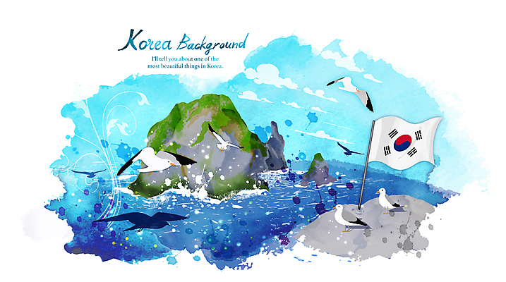 PSD 구름 파도 하늘색 일러스트 갈매기 하늘 사람없음 태극기 번짐 독도 국내일러스트 자연요소 바다 섬 조류 한국 파란색 국기 파일형식 효과