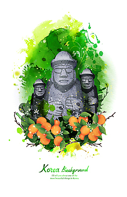 PSD 일러스트 귤 사람없음 초록색 제주도 풀잎 돌하르방 번짐 한라봉 국내일러스트 컬러 잎 과일 한국 풀_식물 파일형식 효과