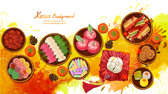 PSD 한식 일러스트 떡 한국 감 사람없음 주황색 사과 전 송편 대추 번짐 한과 명절음식 약과 명절선물 국내일러스트 명절 아시아 음식 컬러 과일 디저트 선물 전통음식 파일형식 효과