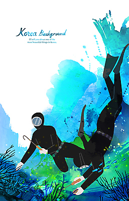 전신 PSD 여자 바다 하늘색 일러스트 한국 성인 두명 바닷속 해초 수집 번짐 잠수복 해녀 해녀복장 성인여자만 국내일러스트 직업 옷 아시아 사람 파란색 수중 해조류 여자만 성인만 파일형식 효과