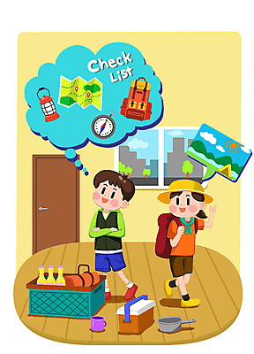 전신 PSD 여자 남자 말풍선 일러스트 창문 휴식 캠핑도구 성인 취미 두명 문 팔짱 봄 캠핑 가리킴 준비 백팩 체크리스트 성인만 국내일러스트 계절 컨셉 가방 모션 레저 사람 손짓 도구 파일형식