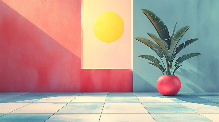 JPG 식물 편집이미지 화분 백그라운드 사람없음 장식 인테리어 공간 원형 디지털합성 모던 색채 파스텔톤 편집소스 미니멀 이미지편집 편집실사 AI컴퓨터그래픽 AI콘텐츠 도형 디자인 컬러 CG 파일형식