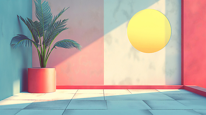 JPG 식물 편집이미지 화분 백그라운드 사람없음 장식 인테리어 공간 원형 디지털합성 모던 색채 파스텔톤 편집소스 미니멀 이미지편집 편집실사 AI컴퓨터그래픽 AI콘텐츠 도형 디자인 컬러 CG 파일형식