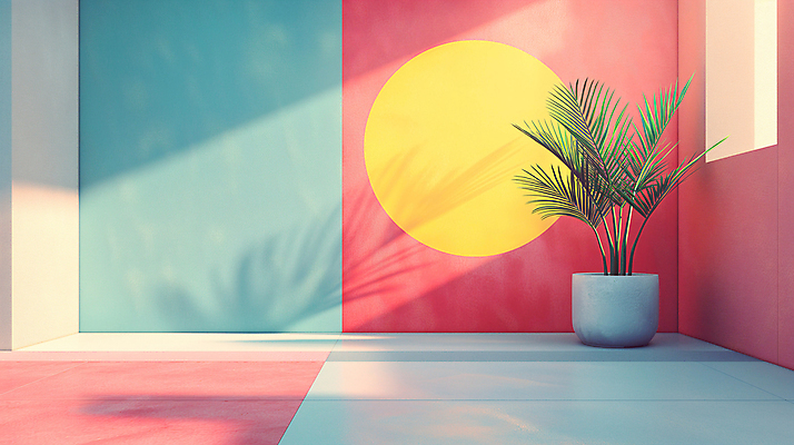 JPG 식물 편집이미지 화분 백그라운드 사람없음 장식 인테리어 공간 원형 디지털합성 모던 색채 파스텔톤 편집소스 미니멀 이미지편집 편집실사 AI컴퓨터그래픽 AI콘텐츠 도형 디자인 컬러 CG 파일형식