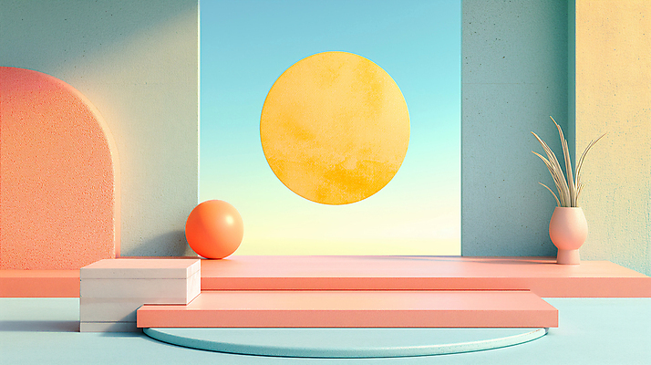 JPG 식물 편집이미지 화분 백그라운드 사람없음 장식 인테리어 공간 원형 디지털합성 모던 색채 파스텔톤 편집소스 미니멀 이미지편집 편집실사 AI컴퓨터그래픽 AI콘텐츠 도형 디자인 컬러 CG 파일형식