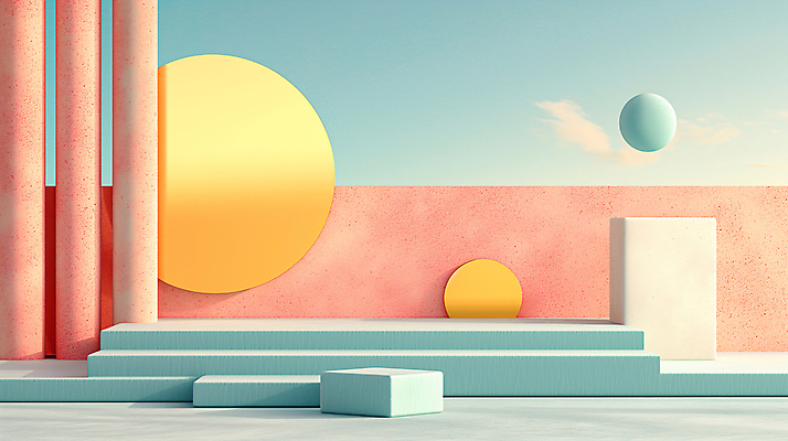 JPG 편집이미지 백그라운드 사람없음 장식 인테리어 공간 원형 디지털합성 모던 색채 파스텔톤 편집소스 미니멀 이미지편집 편집실사 AI컴퓨터그래픽 AI콘텐츠 도형 디자인 컬러 CG 파일형식