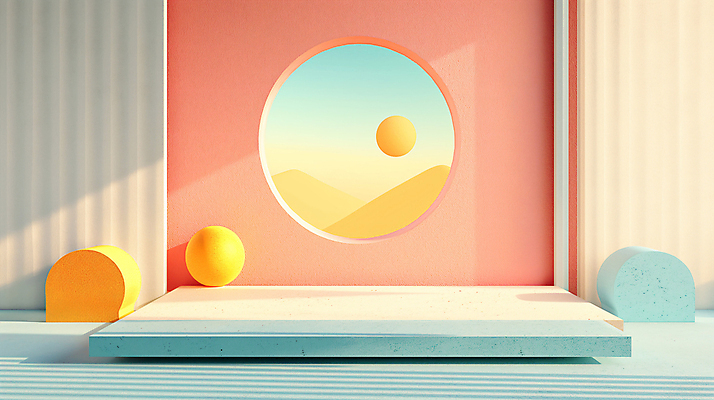 JPG 편집이미지 백그라운드 사람없음 장식 인테리어 공간 원형 디지털합성 모던 색채 파스텔톤 편집소스 미니멀 이미지편집 편집실사 AI컴퓨터그래픽 AI콘텐츠 도형 디자인 컬러 CG 파일형식