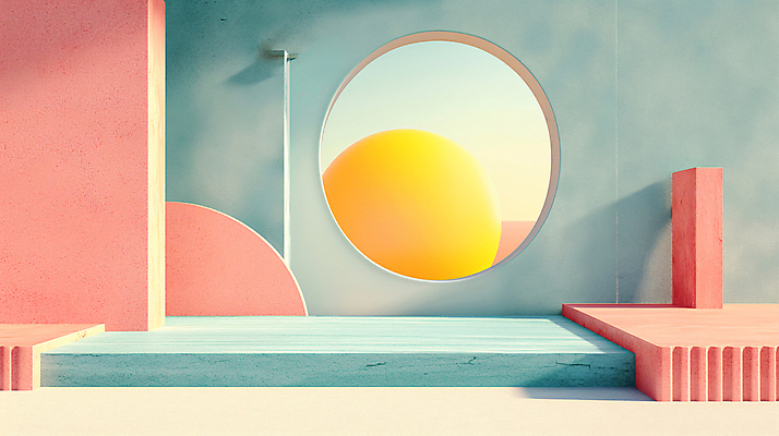 JPG 편집이미지 백그라운드 사람없음 장식 인테리어 공간 원형 디지털합성 모던 색채 파스텔톤 편집소스 미니멀 이미지편집 편집실사 AI컴퓨터그래픽 AI콘텐츠 도형 디자인 컬러 CG 파일형식